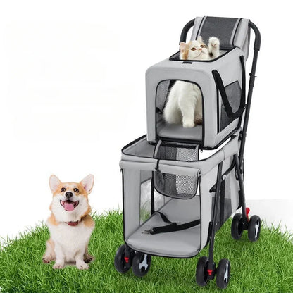 Multifunctional Double-layer Pet Stroller Lightweight and Foldable Travel cat Stroller Detachable Pet Handbag Pet Supplies