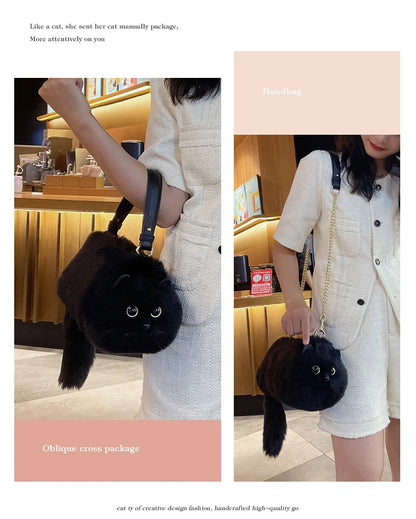 One Shoulder Bag Female Design Small Man Messenger Bag Versatile Hand Made Autumn and Winter Plush Cute Cat Bag