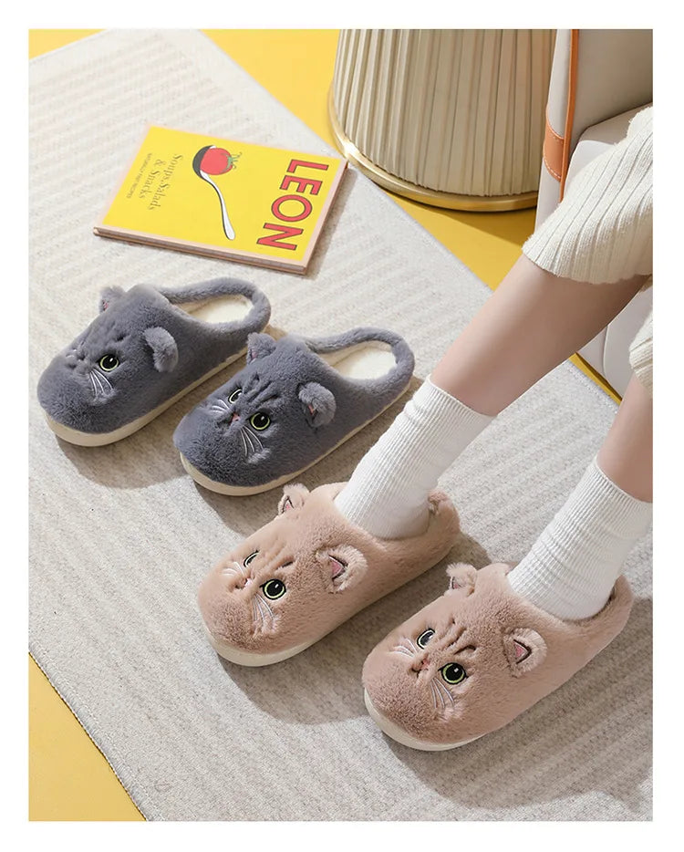 Winter Home Slippers Women Shoes Cute Cartoon Cat Slippers Men Warm Plush Slides Indoor Bedroom Non-Slip Floor Slipper