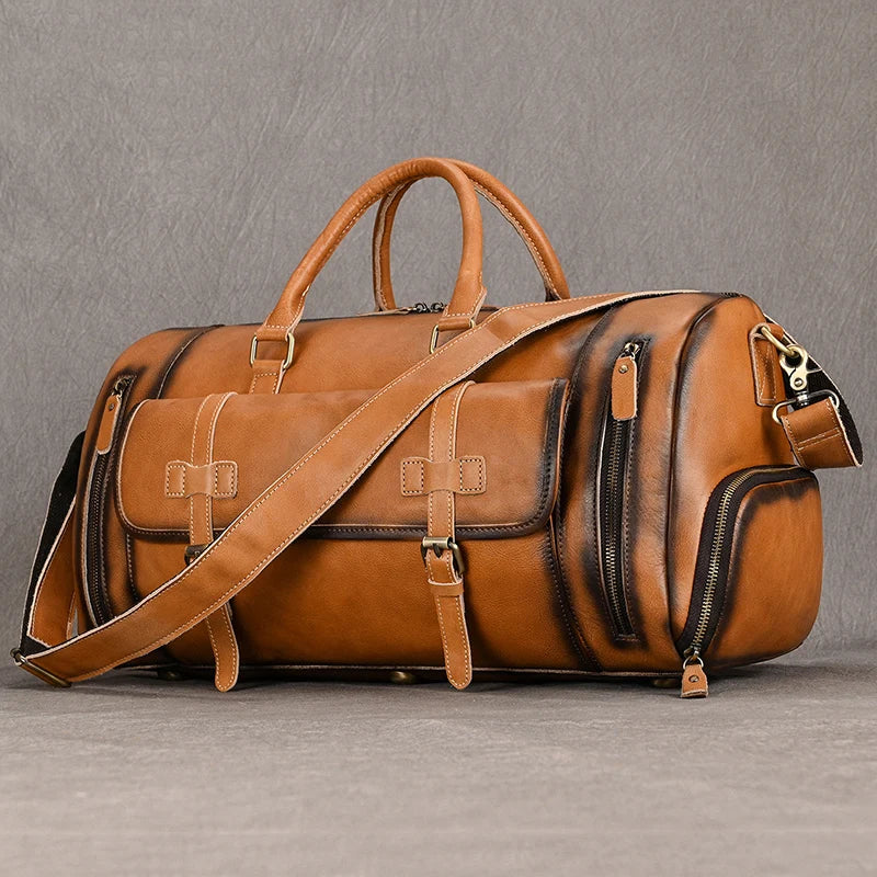 Luufan Genuine Leather Men's Travel Bag With Shoe Pocket Retro Crazy Horse Leather Big Capacity Luggag Bag Business Trip Handbag