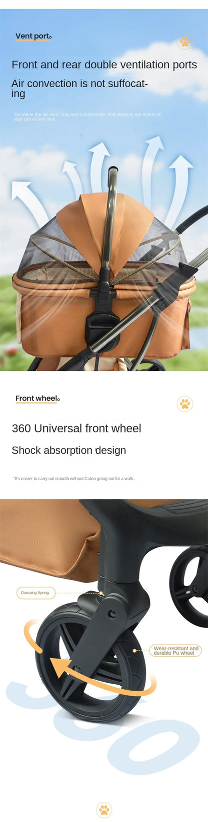Luxury Pet Stroller with High View and Detachable Carrier Bag for Small and Medium Dogs and Cats