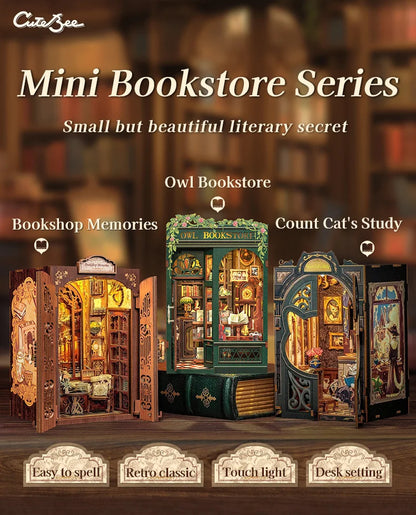 CUTEBEE DIY 書角套件微型玩具屋搭配淺色木質書架外掛復古書角裝飾可作為禮物書店系列