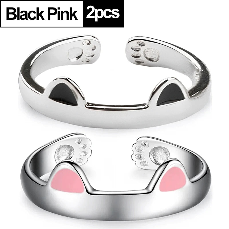2pcs Y2K Cute Cat Paw Print Ring Women Girls Adjustable Cat Ears Paw Animal Finger Ring Couple Cartoon Little  Gift Jewelry
