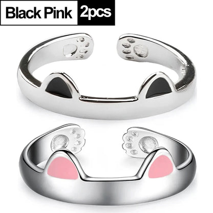 2pcs Y2K Cute Cat Paw Print Ring Women Girls Adjustable Cat Ears Paw Animal Finger Ring Couple Cartoon Little  Gift Jewelry