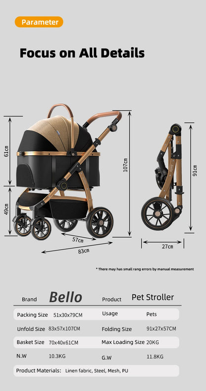 Bello Luxury large Pet Stroller Modern Detachable Medium and Large Cart Aluminum Alloy Cat Dog Hand adjustable Handel Pushing PU