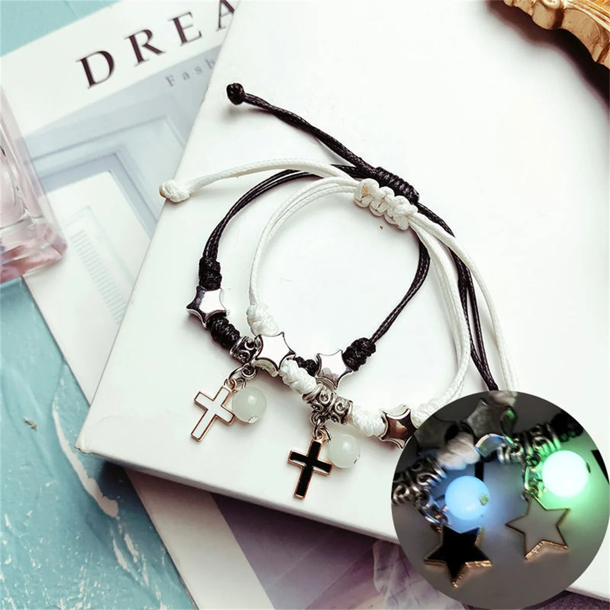 Fashion Luminous Beads Star Couple Bracelet For Women Men Charm Cat Flower Heart Key Lock Cross Matching Friend Bracelet