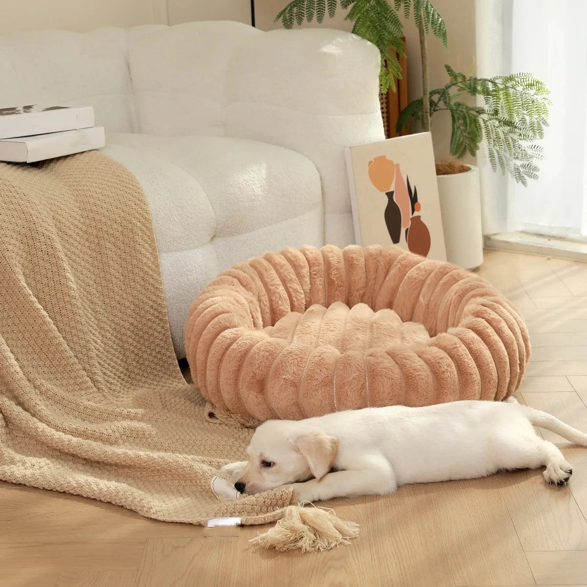 Round Plush Dog Bed for Medium Pets, Winter Soft Nest