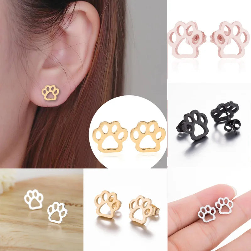 Trend Cute Dog Cat Paw Earings for Women Kids Fashion Metal Animal Footprint Stud Earrings Stainless Steel Ear Piercing Brincos