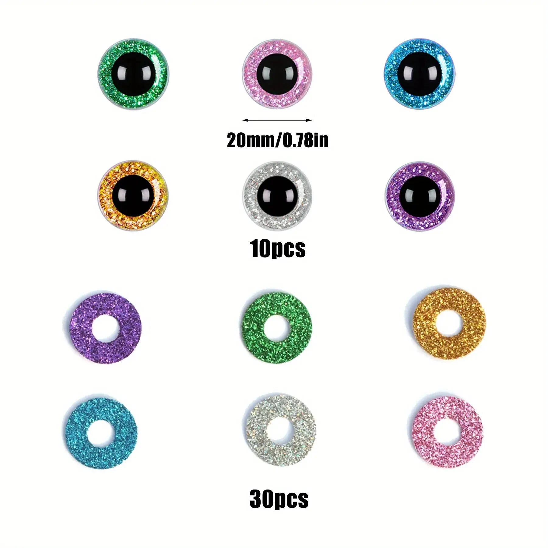 Sparkling Safety Eyes, 14-30mm Plastic Eyes for Stuffed Animal Toy Puppets, Woven Eyes for DIY Crafts