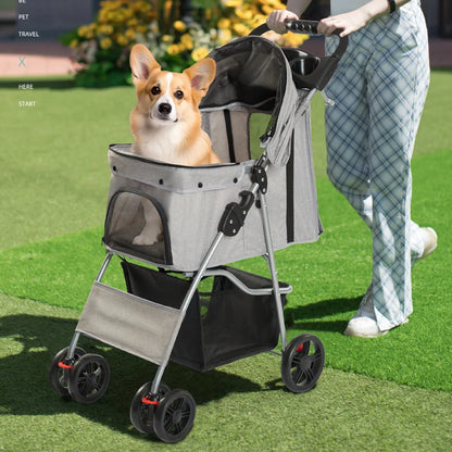 Foldable Pet Stroller Trolley Carrier With Wheels 3 Wheels Pet Strolling Cart For Small/Medium Dogs And Cats With Storage Basket