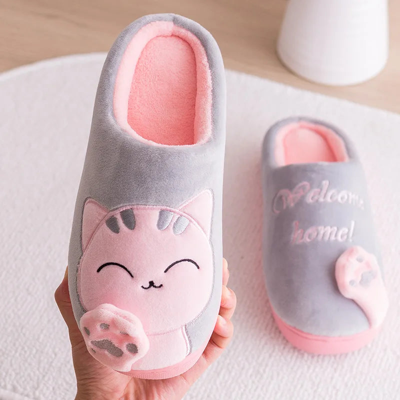 Women Winter Warm Slippers Cartoon Cat Shoes Furry Plush Slides Round Toe Flats Indoor Home Bedroom Floor Slippers Ladies Shoes