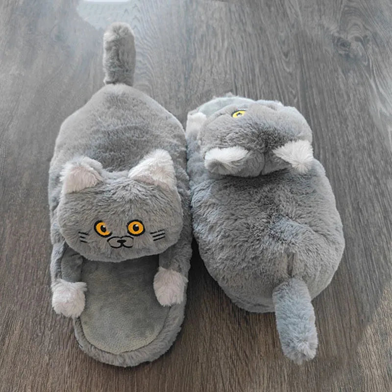 Footsie Cat Slippers Women's Winter Warm Shoes Free Shipping Funny Kitty Animal Slides Woman Fluffy Fur Mules Birthday Gift Toys