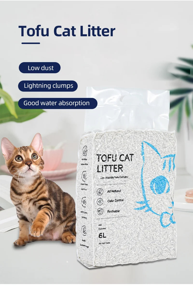 High Quality 100% Natural Dust Free Premium Tofu Cat Litter Sand Natural Carbon Clumping Flushable Bulk 6L Tofu Cat Litter