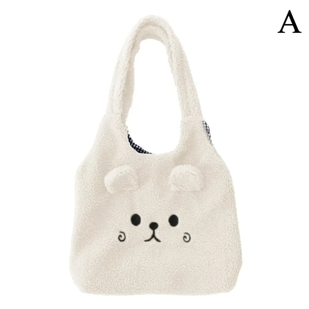 School Bag Cartoon Embroidery New Winter Soft Plush Tote Bag Shopper Bag Shoulder Bag For Women Cute B5K9