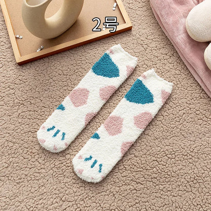 秋冬用コーラルベルベットソックス かわいい猫の爪ソックス レディース 子供 女の子 ミドルチューブ 厚手スリープソックス ホームフロアソックス