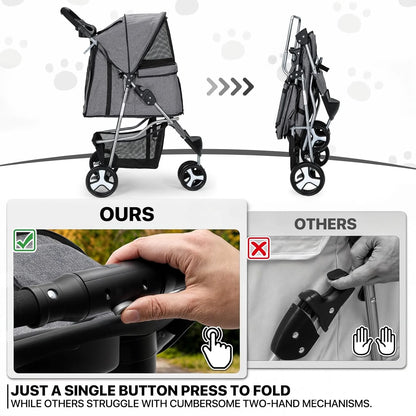 Foldable Pet Stroller Trolley Carrier With Wheels 3 Wheels Pet Strolling Cart For Small/Medium Dogs And Cats With Storage Basket