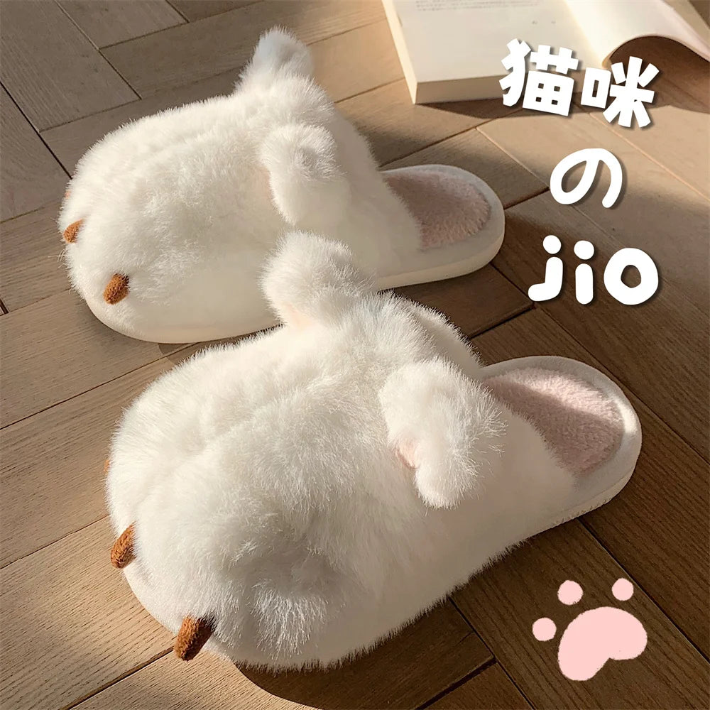 Cute Warm Cat Paw Cotton Slippers For Women's 2022 Winter Home Plush Anti-skid Slipper Funny Household Shoes