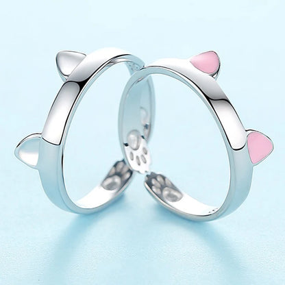 2pcs Y2K Cute Cat Paw Print Ring Women Girls Adjustable Cat Ears Paw Animal Finger Ring Couple Cartoon Little  Gift Jewelry