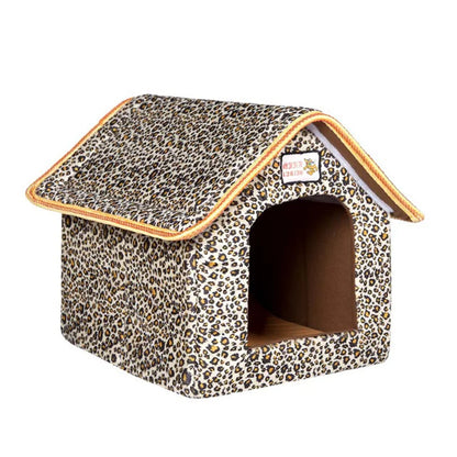 Foldable Winter Dog House Bed – Soft Leopard Print Pet Kennel