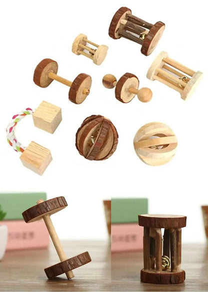Cute Rabbit Roller Toys Natural Wooden Pine Dumbells Unicycle Bell Chew Toys for Guinea Pigs Rat Small Pet Molars Supplies