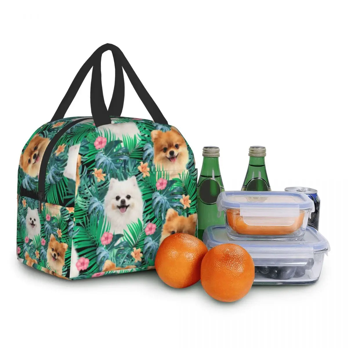 Pomeranian Dog With Summer Leaf Insulated Lunch Bag for School Office Pet Spitz Resuable Thermal Cooler Bento Box Women Kids