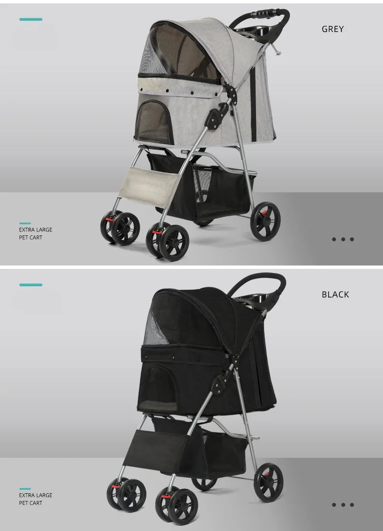 Foldable Pet Stroller Trolley Carrier With Wheels 3 Wheels Pet Strolling Cart For Small/Medium Dogs And Cats With Storage Basket
