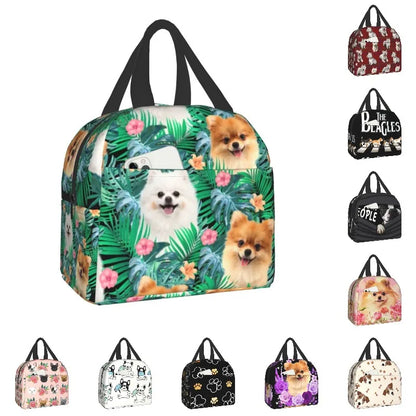 Pomeranian Dog With Summer Leaf Insulated Lunch Bag for School Office Pet Spitz Resuable Thermal Cooler Bento Box Women Kids