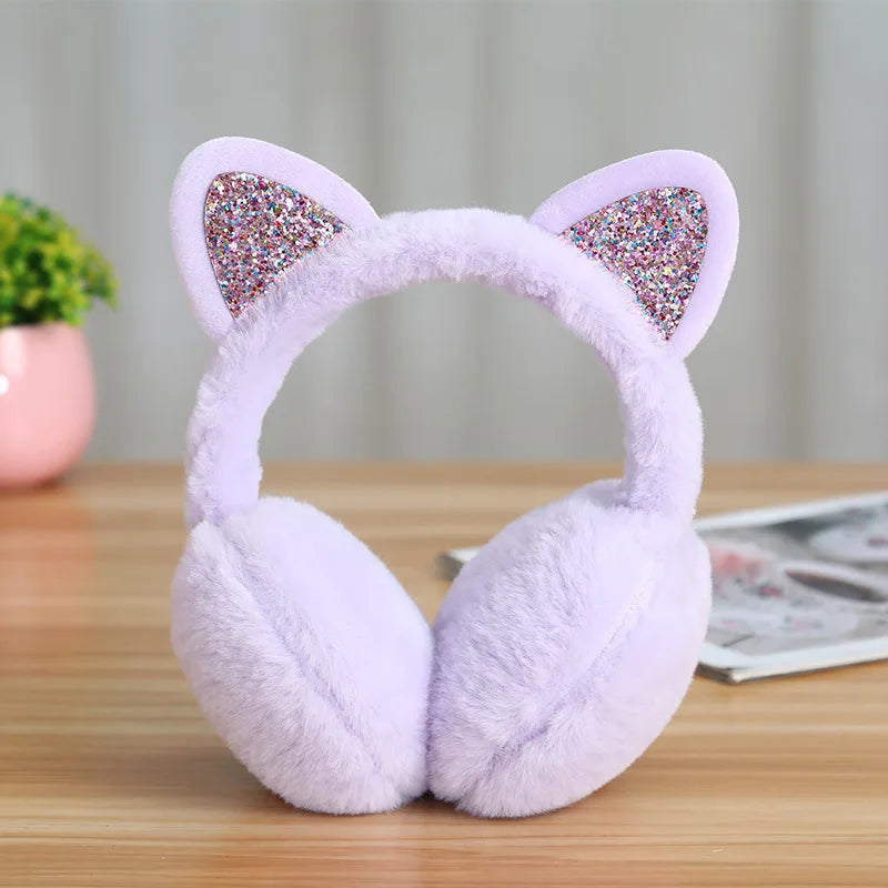 New Lovely Winter Warm Cat Ear Warmers Glitter Ears Plush Earmuffs for Women Playful Girls Ear Muffs Cold Protection Warm Hot