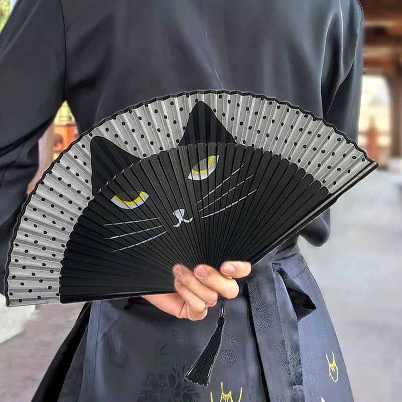 Japanese Style Cat Pattern Bamboo Folding Fan Women Lovely Cartoon Kitty Hand Fans Kimono Bathrobe Handheld Fan