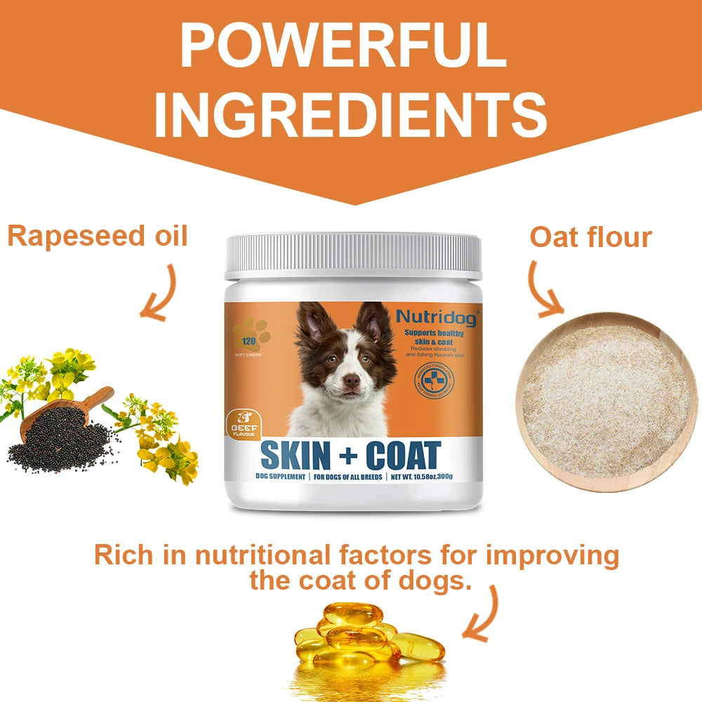 Skin & Coat Supplement for Dogs with Omega 3, 9 & Vitamin E, Supports fur health，Beef Flavor -120 Soft Chews