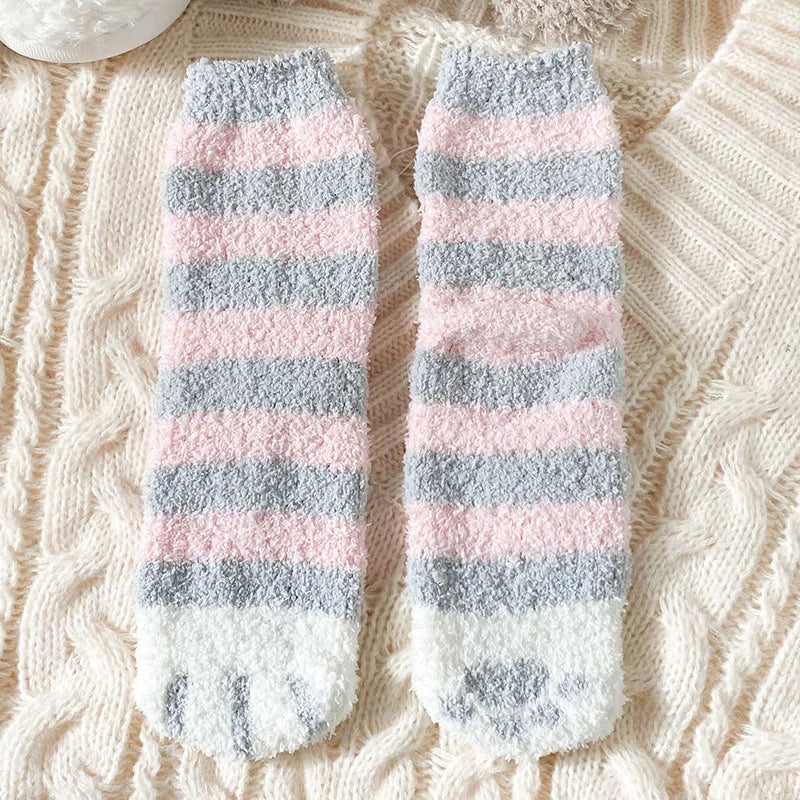 Autumn Winter Coral Velvet Socks Cute Cat Claw Socks For Women Children Girls Middle Tube Thickened Sleep Socks Home Floor Socks