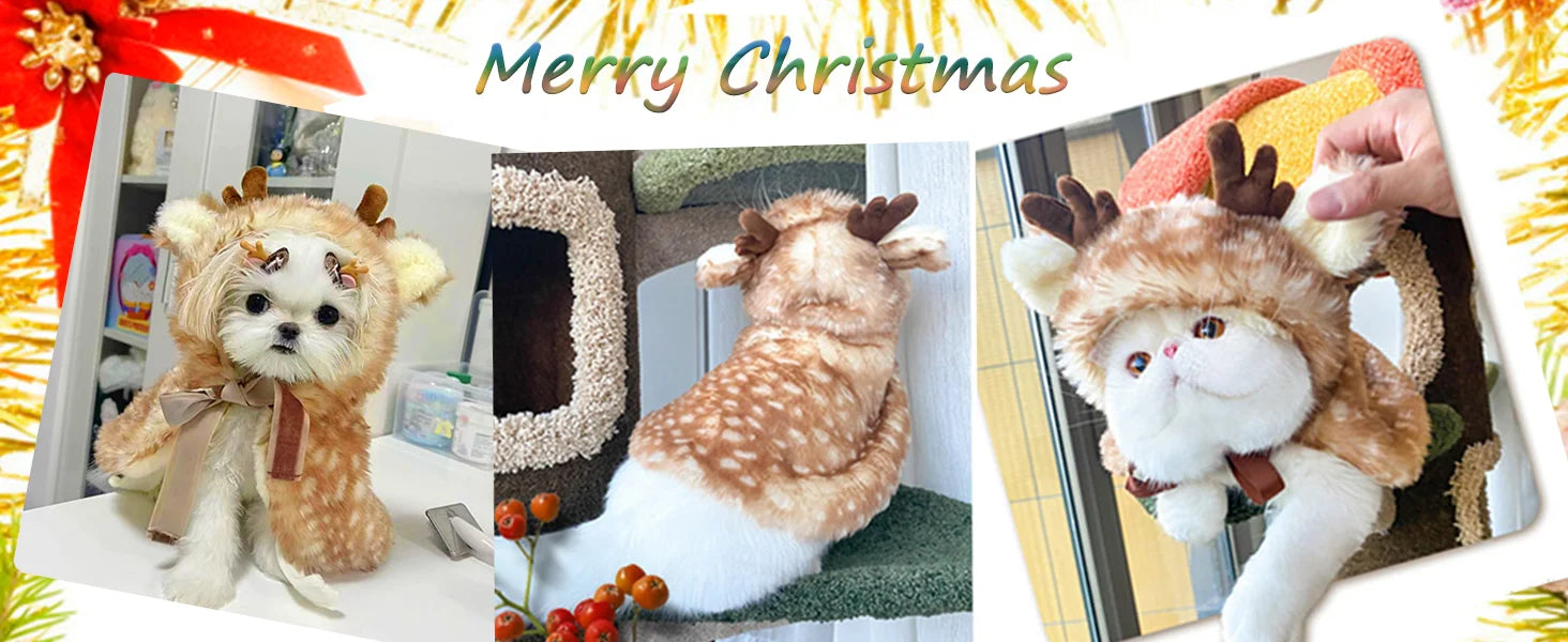 ATUBAN Christmas Puppy Reindeer Costume Xmas Dog Elk Cloak with Antlers Cat Santa Cape Christmas Dog Outfit for Small Medium Dog