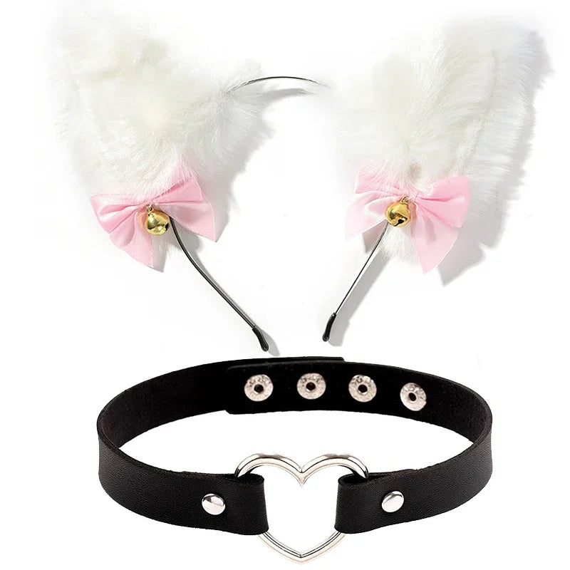 Cat Ear Bow Headband Necklace Cat Claw Gloves Cosplay Plush Bell Hairband Women Girl Masquerade Party Headwear Hair Accessories