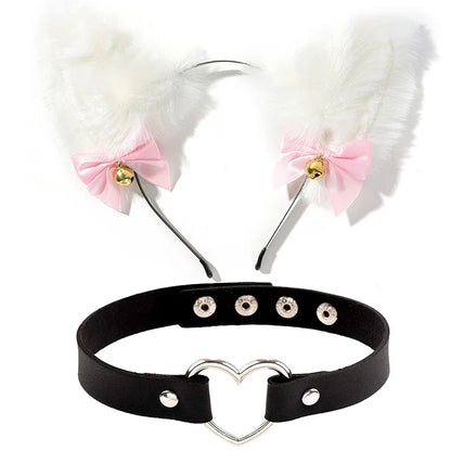 Cat Ear Bow Headband Necklace Cat Claw Gloves Cosplay Plush Bell Hairband Women Girl Masquerade Party Headwear Hair Accessories