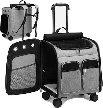 2 in 1 Large Pet Backpack Cat Stroller Pet Carrier with Wheels Portable Foldable Tie-Rod Pet Bag Cat and Dog Travel Carrier Bag
