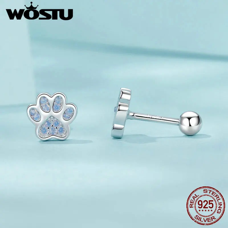 WOSTU 925 Sterling Silver Lovely Pink Opal Paw Stud Earrings For Women Cat Dog Pet Paws Ear Studs Girl Birthday Jewelry Gift