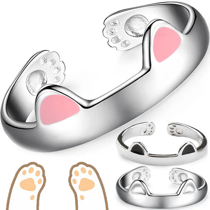 2pcs Y2K Cute Cat Paw Print Ring Women Girls Adjustable Cat Ears Paw Animal Finger Ring Couple Cartoon Little  Gift Jewelry