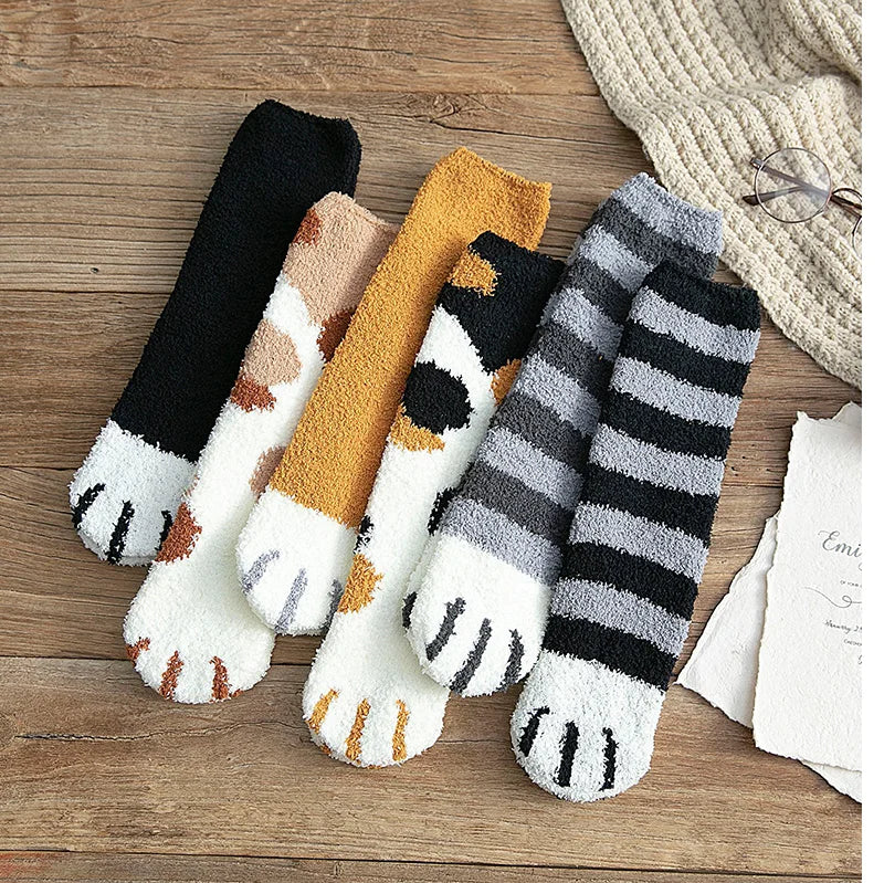 Plush Winter Funny Cute Style Animal Cat Paw Cartoon Pattern Women Cotton Socks Super Soft For Female House Sleeping Floor Sox