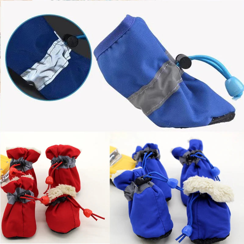 4pcs/set Waterproof Antiskid Puppy Shoes Winter Warm Plus Velvet Anti-slip Rain Snow Boots For Small Dog Cats Snow Socks