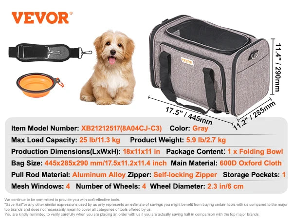 VEVOR Pet Cat Carrier Breathable Outgoing Dog Carry Backpack with Telescopic Handle Wheels and Shoulder Strap for Travel Trip