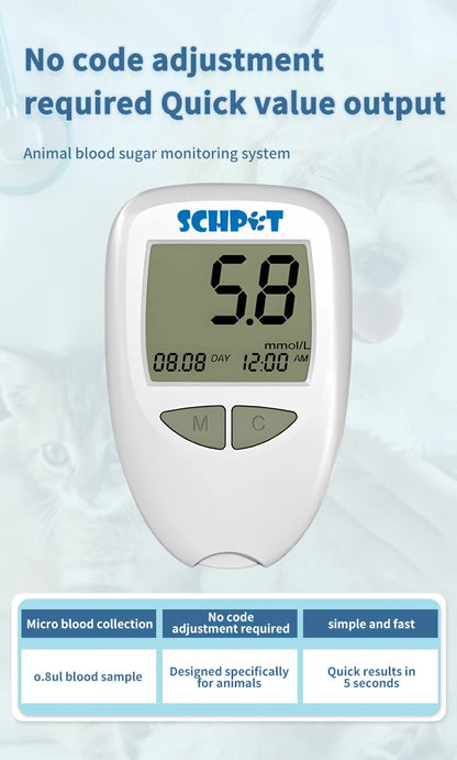 Schpet Household Pet Blood Glucose Meter Fast Test Machine with 50 Strips for Dog Cat Portable Pet Blood Glucose Monitoring