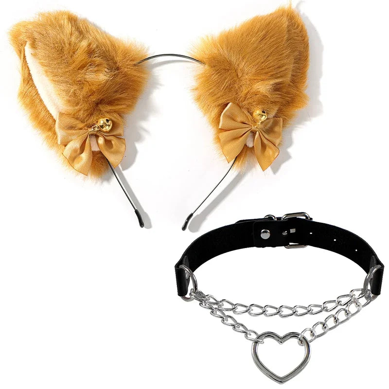 Cat Ear Bow Headband Necklace Cat Claw Gloves Cosplay Plush Bell Hairband Women Girl Masquerade Party Headwear Hair Accessories