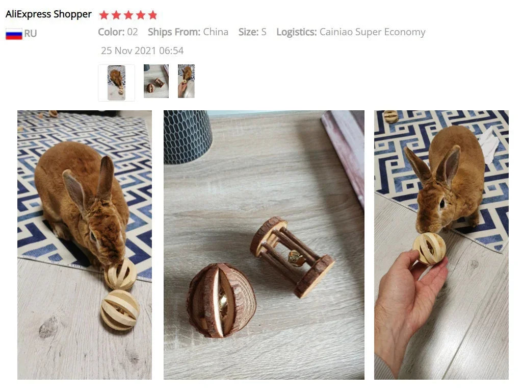 Cute Rabbit Roller Toys Natural Wooden Pine Dumbells Unicycle Bell Chew Toys for Guinea Pigs Rat Small Pet Molars Supplies