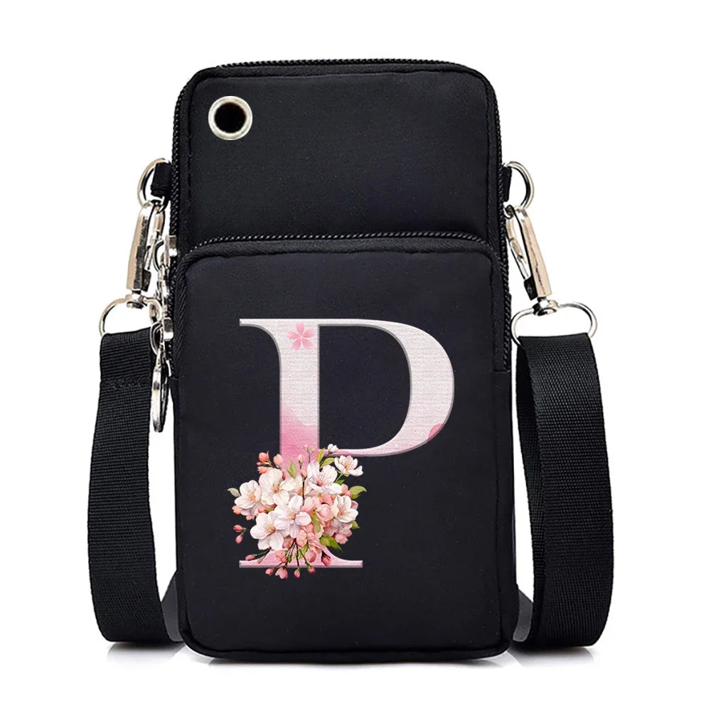 Women‘s Messenger Bag Small Handbag Crossbody Shoulder Wallet for Phone Sakura 26 Alphabet Print Coin Purse Ladies Card Holder