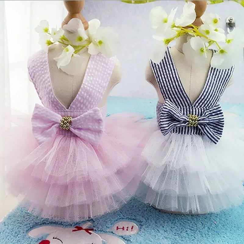 Spring Pet Summer Bowknot Pet Costume Dress Pet Dog Striped Cat Dog Puppy Wedding Princess Skirt Dog Clothes