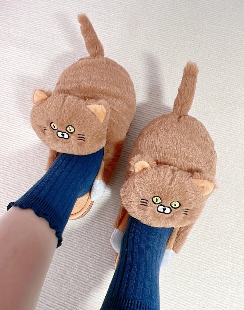 Cuddly Hug Cat Slippers Women Men Winter Home Slides Kawaii Floor Shoes Furry Slippers Girl White Mules Funny Cute Gift Slippers