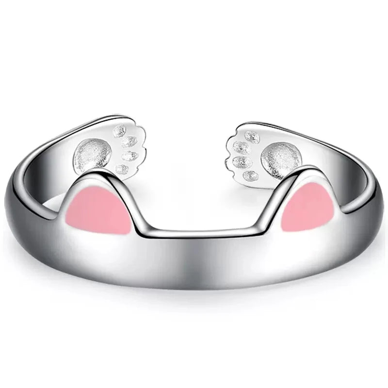 2pcs Y2K Cute Cat Paw Print Ring Women Girls Adjustable Cat Ears Paw Animal Finger Ring Couple Cartoon Little  Gift Jewelry