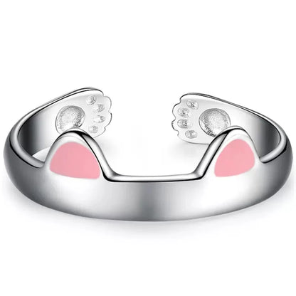 2pcs Y2K Cute Cat Paw Print Ring Women Girls Adjustable Cat Ears Paw Animal Finger Ring Couple Cartoon Little  Gift Jewelry