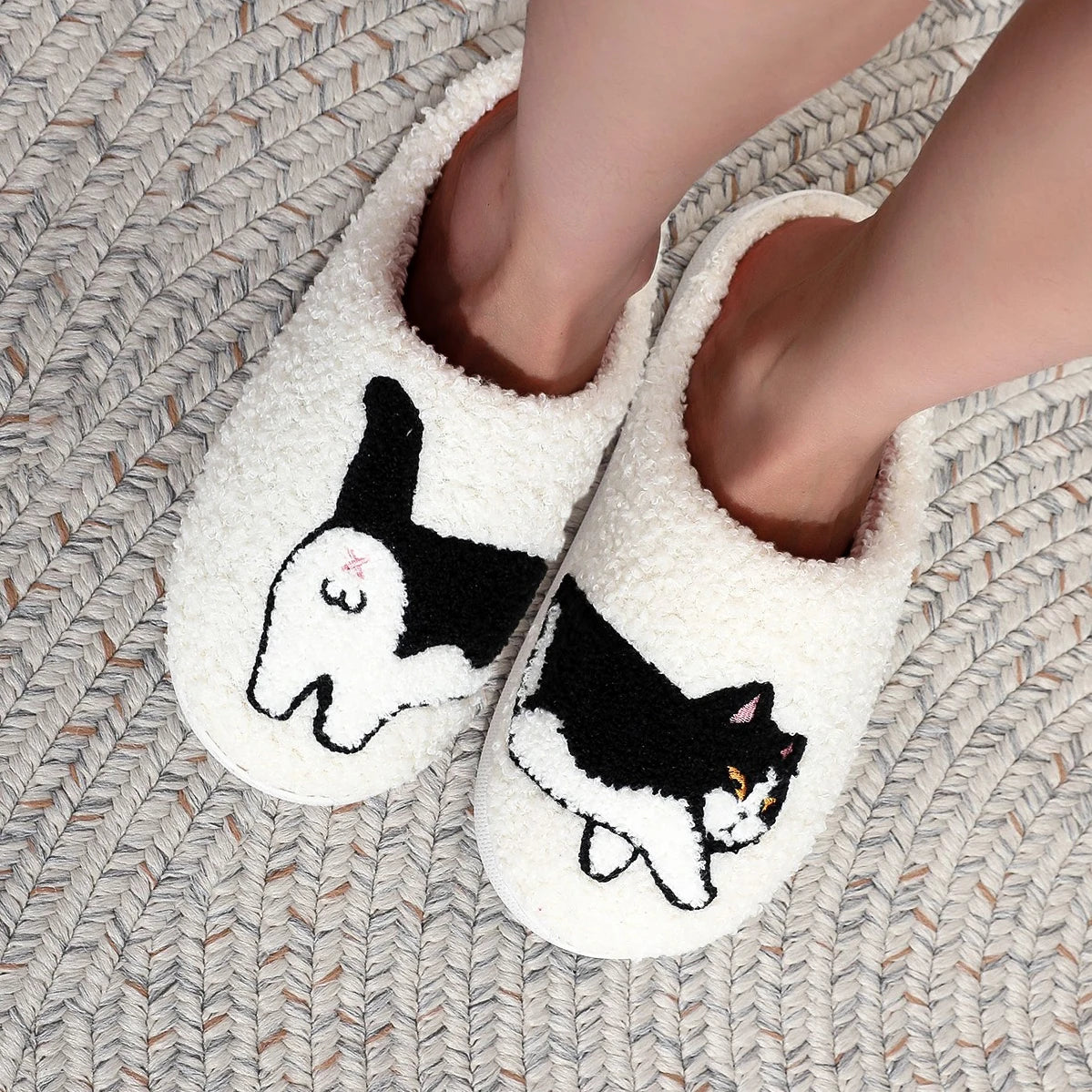 Cow Cat Pet Pattern Embroidery stuffed Home Platform Cozy Wool Cotton Slippers Cute Warm Non-slip Indoor Slippers Pet Mom Gift Catman Men Women Can Wear