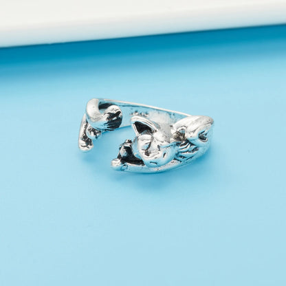 Cute Fortune Cat Shape Opening Rings For Women Silver Color Vintage Frog Toad Animal Delicate Finger Ring Girl Fashion Jewelry